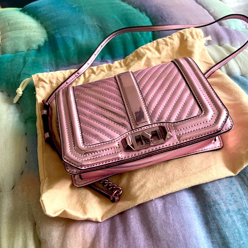 Rebecca Minkoff pink metallic/chrome chevron stitched bag with metal chain strap